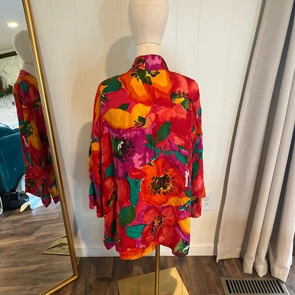 Vintage 80s Artsy Floral Multi-Colored Washable Silk Kimono Style Shirt Wrap - Picture 3 of 6